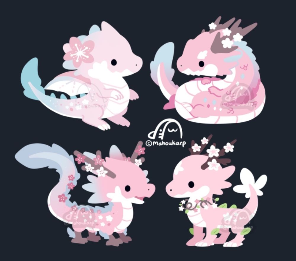Illustration of some dragons that are sakura themed. The colors used are mainly pink and blue