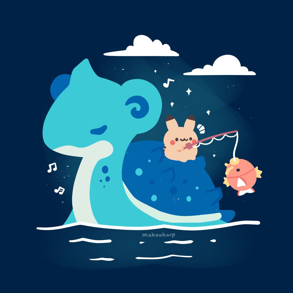 illustration of lapras with pikachu sitting on them and fishing up a magikarp 