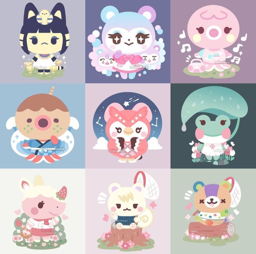 Illustration of some animal crossing characters featuring Ankha, Judy, Marina, Tucker, Celeste, Lily, Merengue, Marshal, and Stitches 