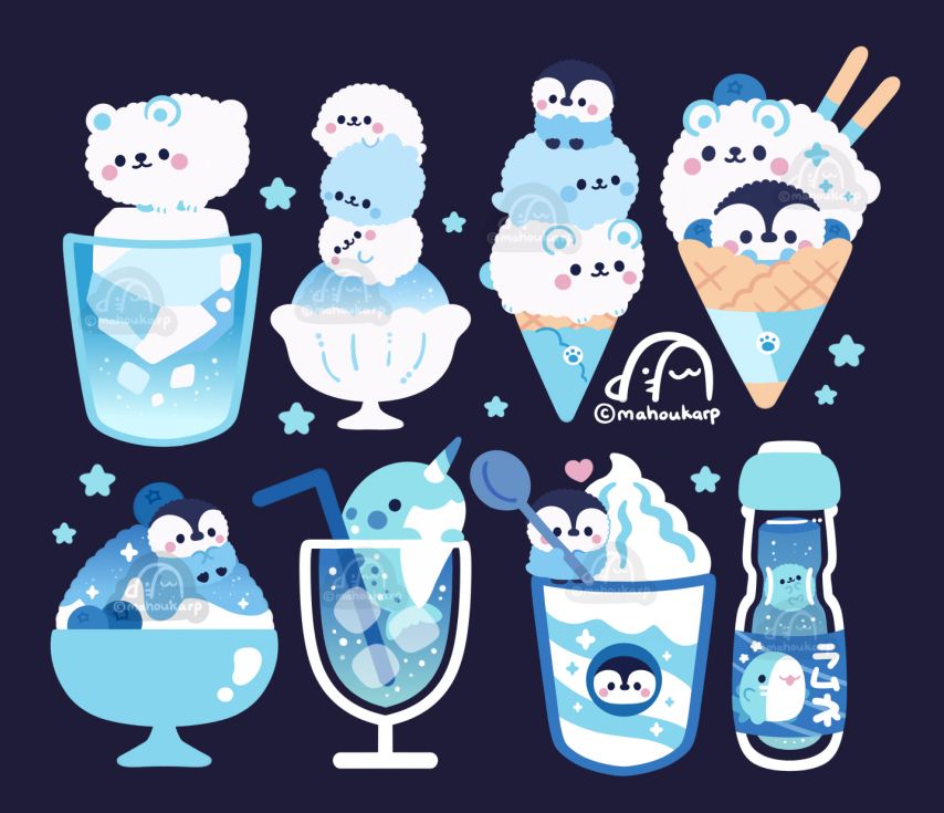 Illustration of some cold treats featuring arctic animals. Animals featured are polar bears, harp seals, penguins, and a narwhal. Colors used are mainly blues and white 
