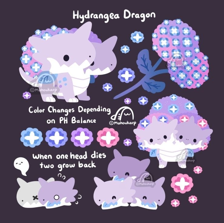 Illustration of a hydrangea but as a dragon. Colors used are mainly pink, blue, and purple hues. The pun is the hydra is a greek monster and hydrangea has hydra in it