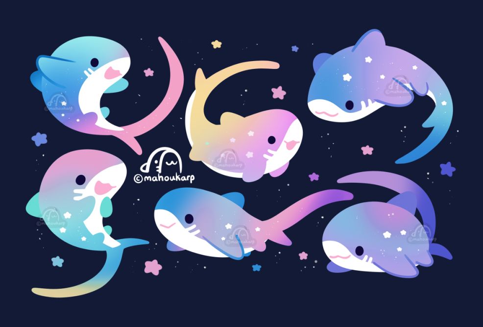 Illustration of thresher sharks. Thresher sharks are iridescent in color so this image features a bunch of colorful rainbow sharks