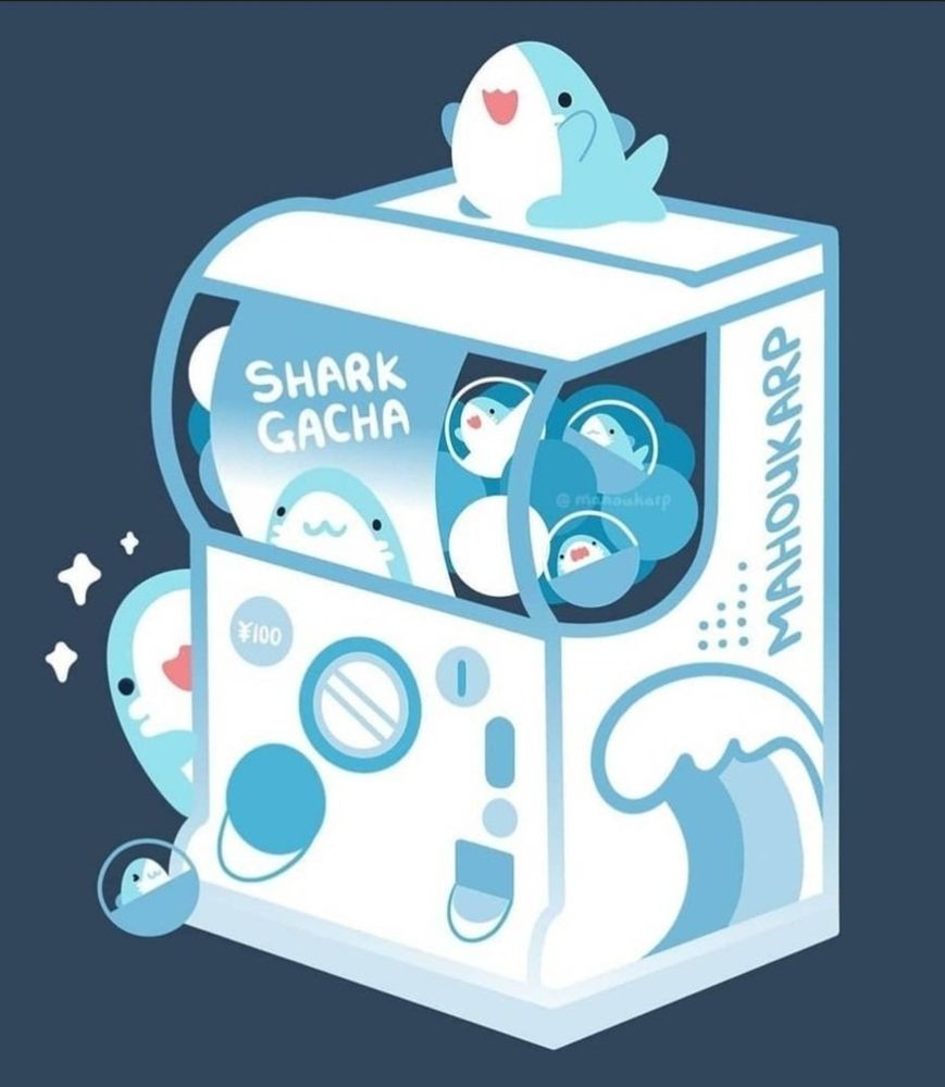 illustration of a shark gacha machine featuring my Mako shark character. There are sharks in the gacha balls and theres a little mako peeking on the side