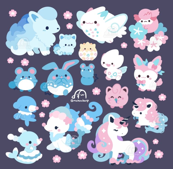 Illustration of some fairy pokemon

featured are alolan ninetales, alolan vulpix, togekiss, comfey, marill, azumarill, azurill, togetic, sylveon, jigglypuff, galarian ponyta, galarian rapidash, piplup, brionne, and primarina