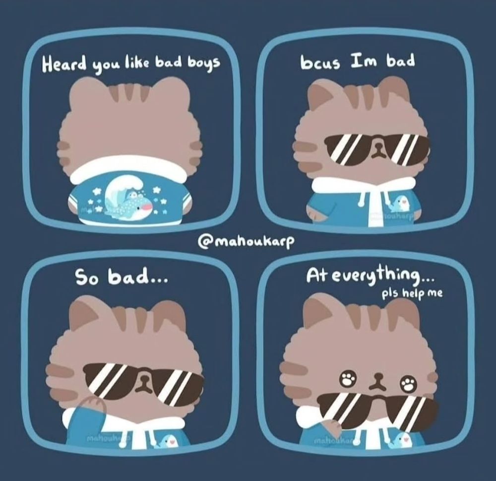 Comic of a cat wearing a jacket and sunglasses. Once sunglasses are taken off their true appearance of baby is revealed 

"Heard you like bad boys"
"Bcus im bad"
"So bad"
"At everything pls help me"