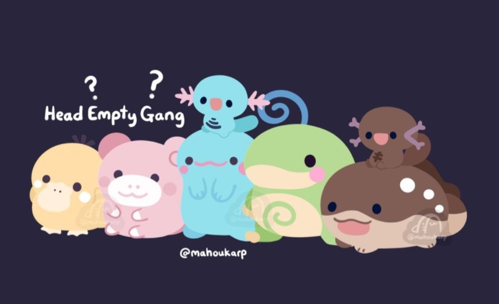 Illustration of some pokemon featured are psyduck, slowpoke, wooper, quagsire, politoed, paldean wooper, clodsire