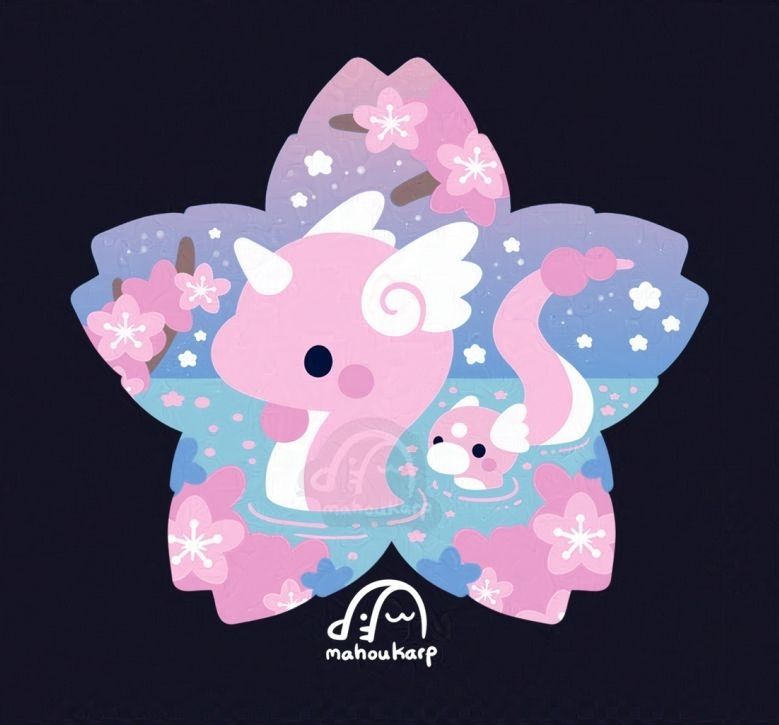 illustration of shiny dragonair & dratini from pokemon. The shape of the illustration is a sakura flower and the colors used are mainly pink and blues 