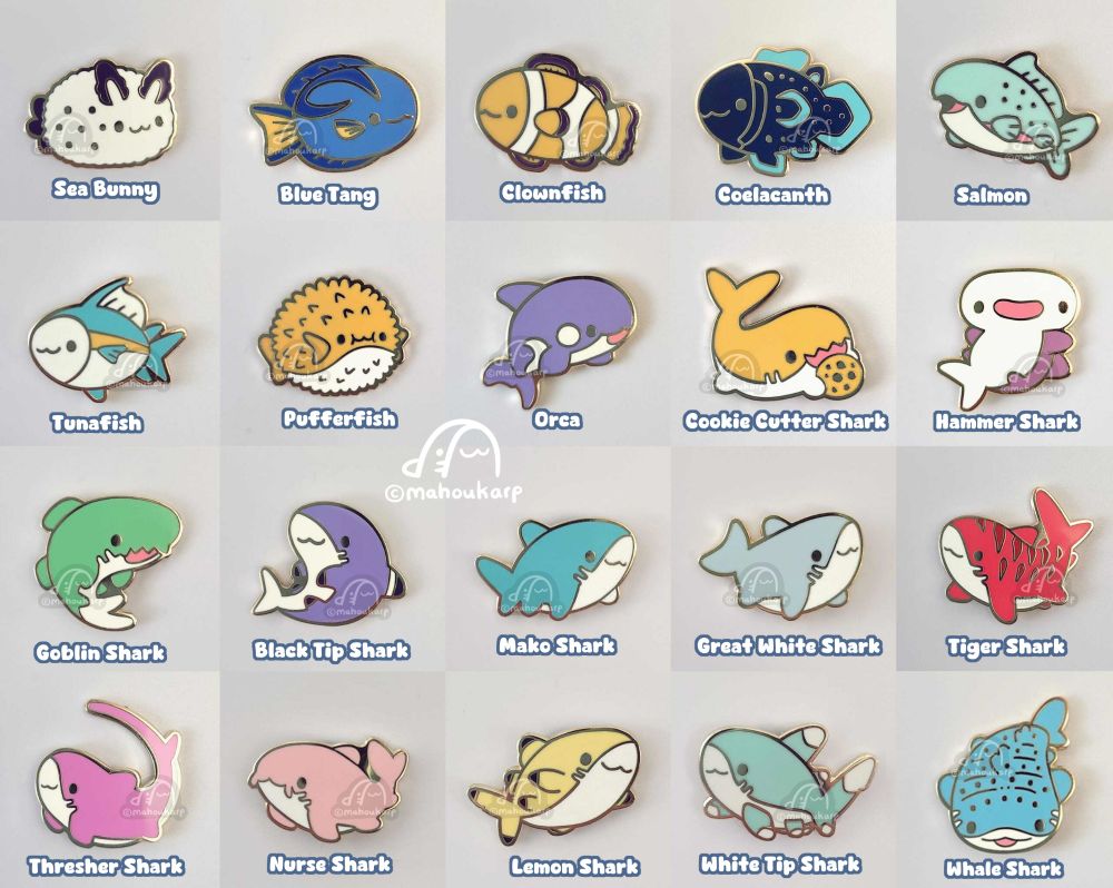 gold plated enamel pins made by mahoukarp

featured are sea bunny, blue tang, clownfish, coelacanth, salmon, tunafish, pufferfish, orca, cookie cutter shark, hammer shark, goblin shark, black tip shark, mako shark, great white shark, tiger shark, thresher shark, nurse shark, lemon shark, white tip shark, and whale shark