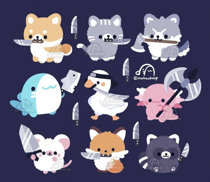 illustration of animals with sharp objects

shiba is holding a knife
cat is holding a knife
husky is holding an axe
shark is holding a butcher knife
goose is holding a katana
axolotl is holding an axe
mouse is holding a greatsword
fox is holding a knife
raccoon is holding a knife