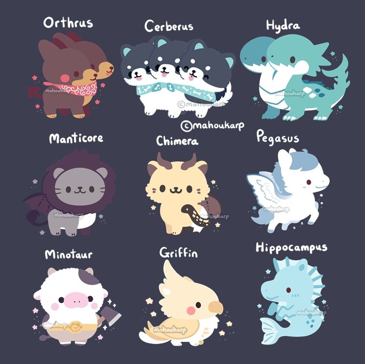 illustration of some greek monsters 

featured are

orthrus 
cerebrus 
hydra 
manticore
chimera
pegasus
minotaur
griffin
hippocampus