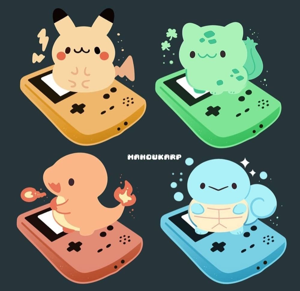 Illustration of some pokemon sitting on top of gameboy colors. Featured are pikachu, bulbasaur, charmander, squirtle