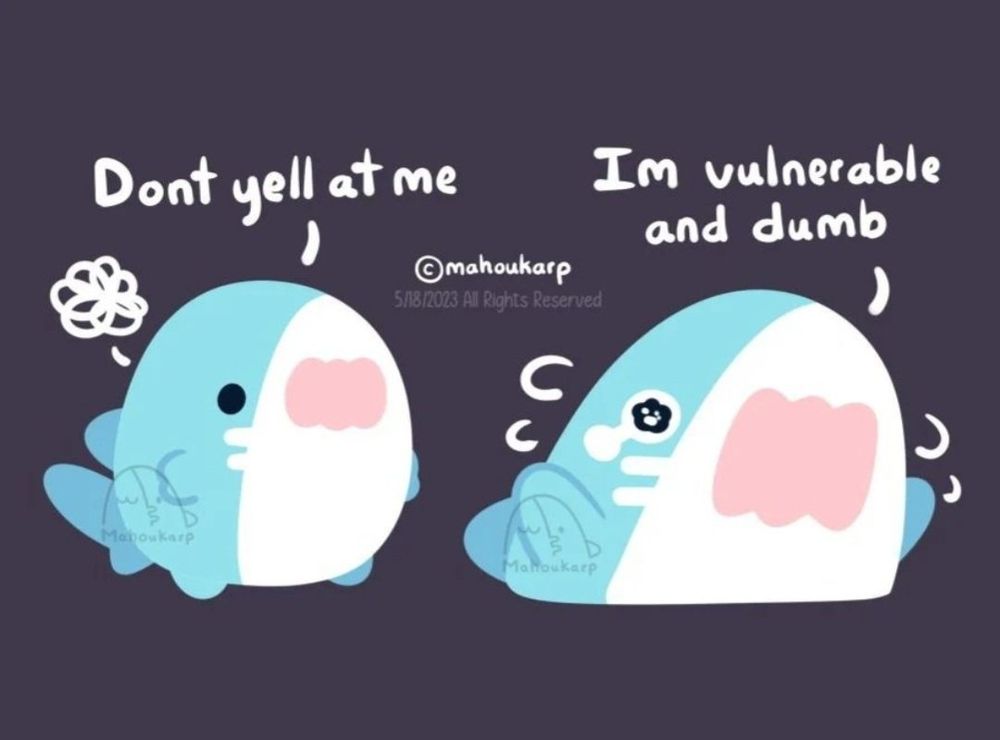 Comic of a silly shark that looks frustrated

Text: "Dont yell at me Im vulnerable and dumb"