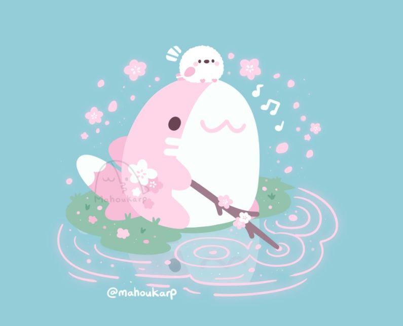Illustration of a shark sitting by a pond making little ripples in the water with a stick. They are a pink flower themed shork with a little bird (shima enaga) sitting ontop of their head. The colors used are mainly pink and white