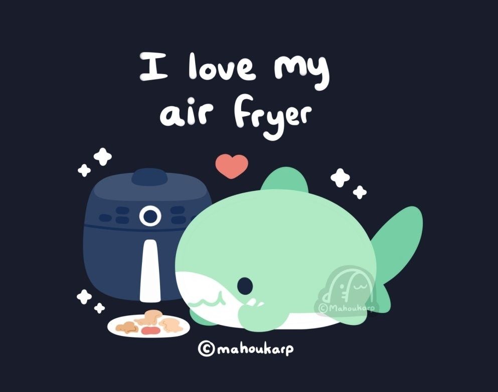 Illustration of a shark eating dino nuggies saying they love their air fryer.... mhhh crispy