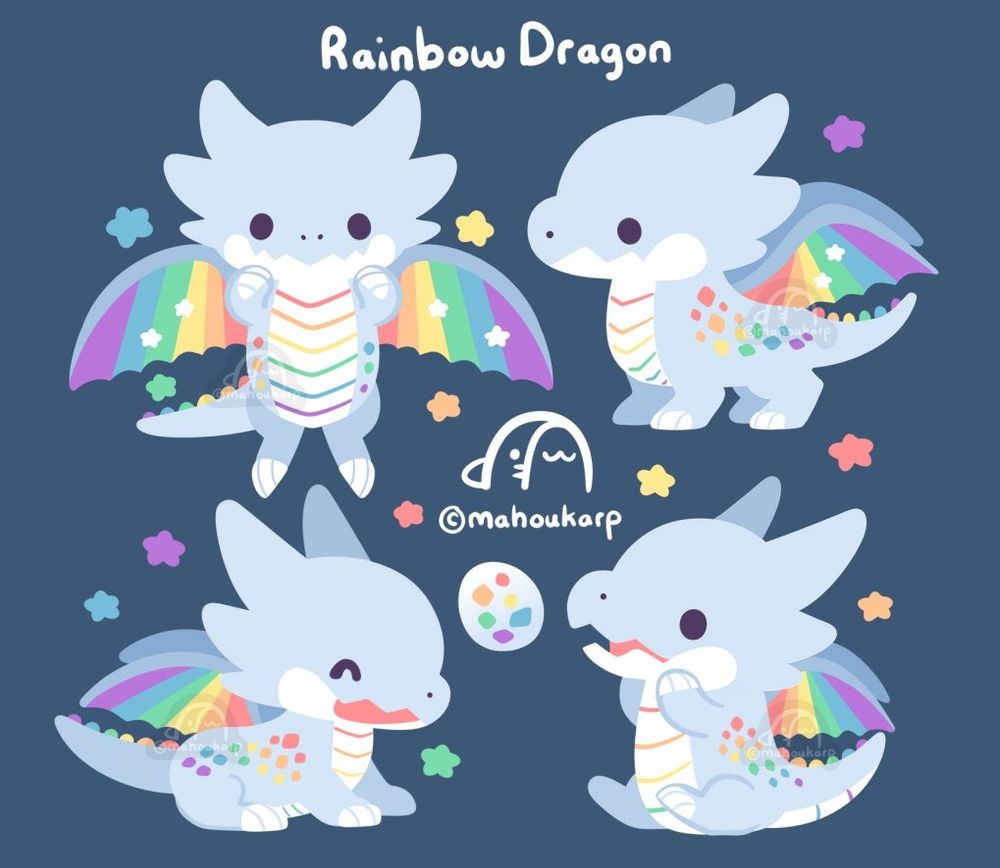 Illustration of a dragon that is rainbow colored. There are rainbow stripes on the wings. The scales and spikes are also rainbow colored.