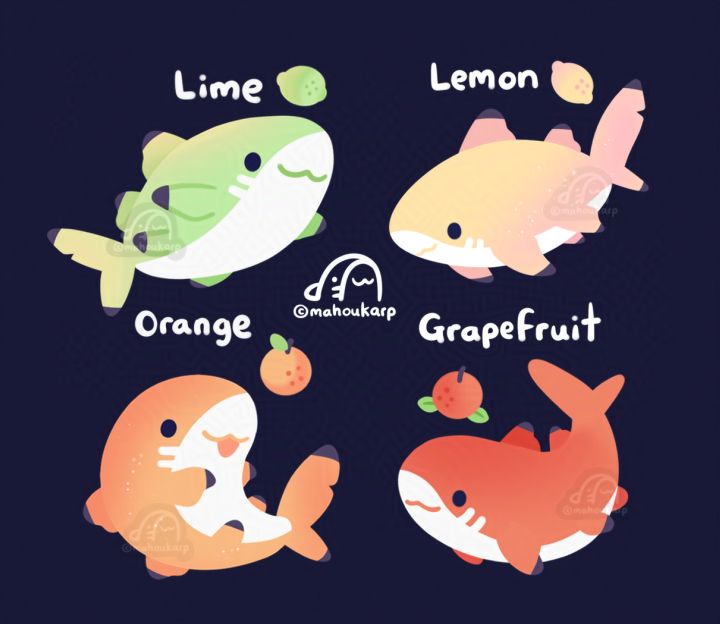 Illustration off some sharks but they are based on citrus. Lemon sharks are real the others are just for fun heh