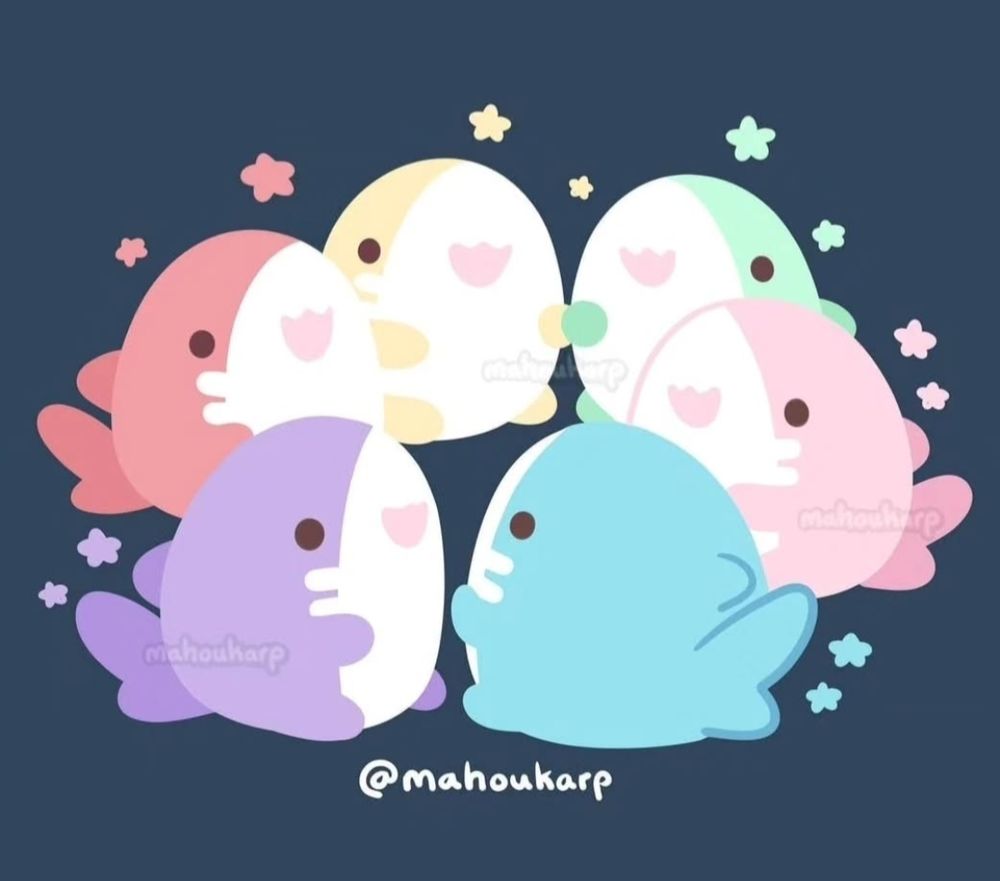 Illustration of colorful sharks in a circle. What are they talking about? Very good question, probably about chicken nuggets or something. Its a very top secret conversation.