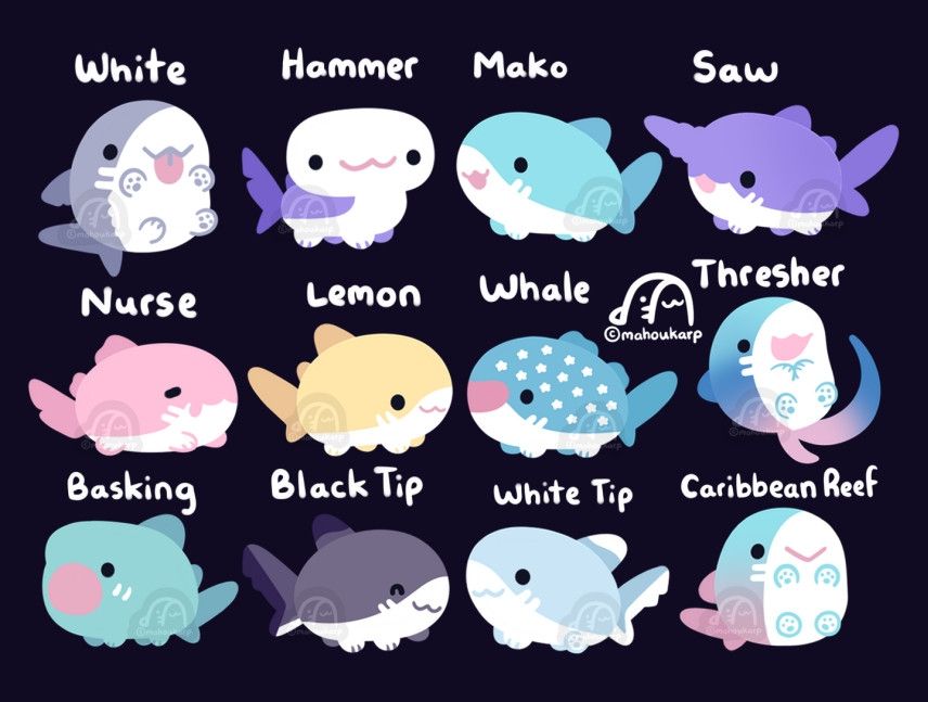 Illustration of some puppy sharks 

Baby sharks are actually called pups 

Featured are white, hammer, mako saw, nurse, lemon, whale, thresher, basking, black tip, white tip, caribbean reef 