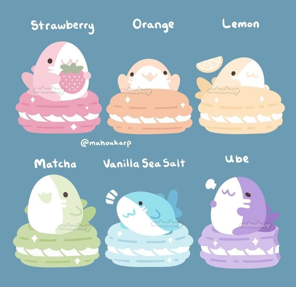 Illustration of some sharks laying on some macarons Mako + Macaron = Makoron