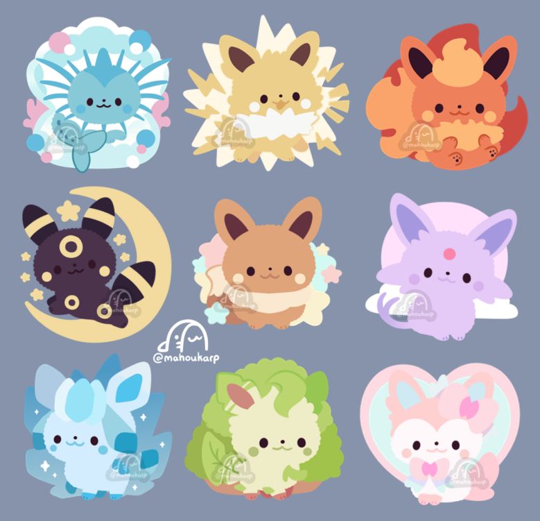 illustration of eevee and their evolutions from pokemon 
theres vaporeon, jolteon, flareon, umbreon, eevee, espeon, glaceon, leafeon, and sylveon