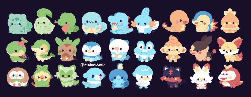 Illustration of pokemon starters from gen 1-9 