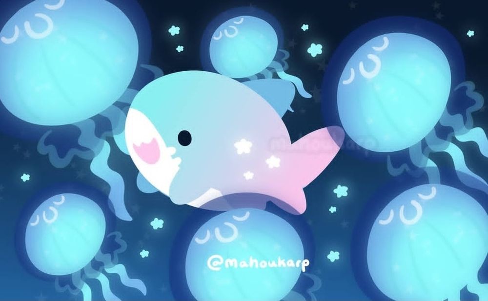 Illustration of a shark swimming with some moon jellies. The colors used are mainly shades of blue with gradients and a hint of pink