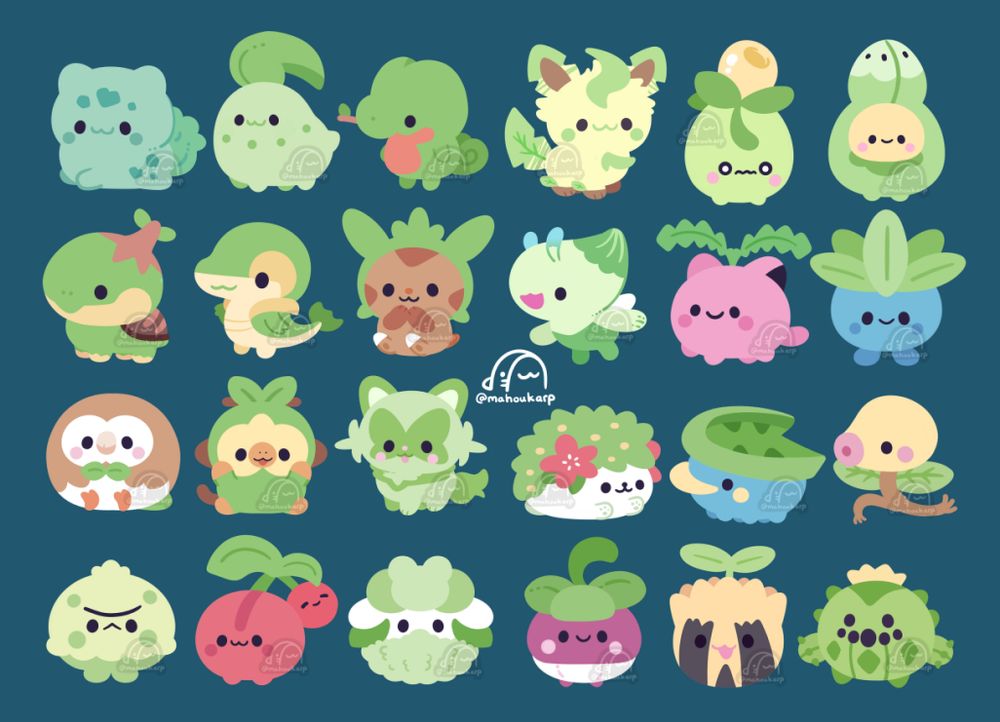 illustration of a bunch of grass pokemon

From left to right 

bulbasaur, chikorita, treeko, leafeon, smoliv, budew, turtwig, snivy, chespin, celebi, hoppip, oddish, rowlet, grookey, sprigatito, shaymin, lotad, bellsprout, shroomish, cherubi, cottonee, bounsweet, sunkern, cacnea