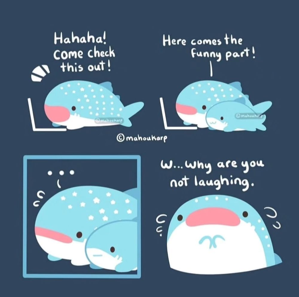 Comic of a whale shark and mako shark hanging out. Whale shark shows mako shark something funny but mako just has a •_• face.

"Hahaha! Come check this out!"
"Here comes the funny part!"
"..."
"W...why are you not laughing." 

