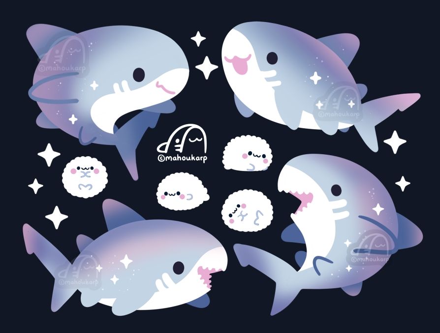 Illustration of great white sharks and little tiny harp seals. Colors used are mainly grey, pink, and purple 