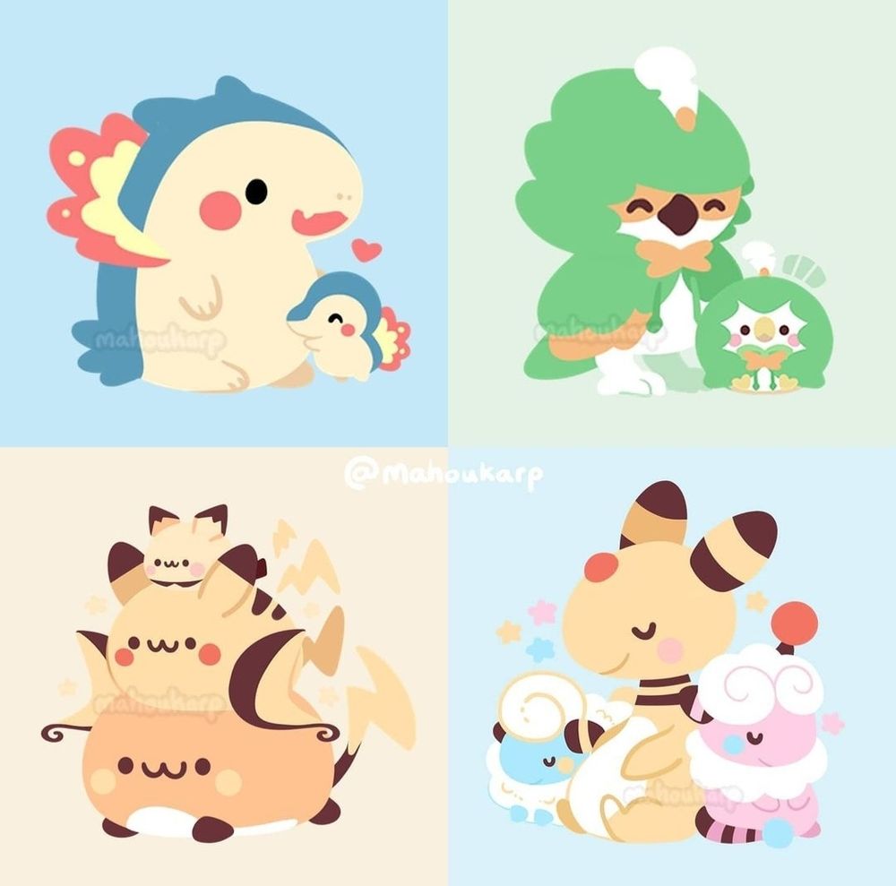 Illustration of some pokemon

featured are 
1.) typhlosion and cyndaquil
2.) decidueye and rowlet
3.) raichu with pikachu and pichu stacked 
4.) ampharos with mareep and flaffy