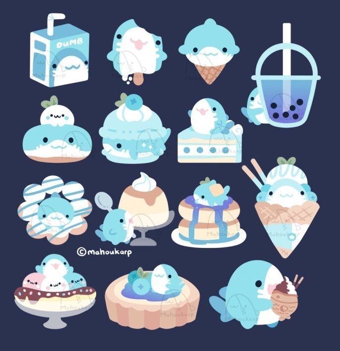 Illustration of a shork (short shark) with various deserts. 

Theres juice, melted popsicle, icecream cone, donut, makoroon, cake, boba, mochi donut, pudding, pancakes, crepe, sundae, tart, and taiyaki