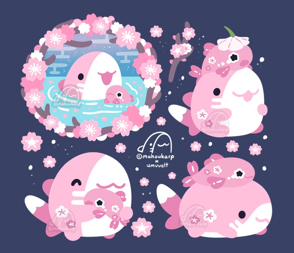 Illustrations of Mako the shark and Crybaby the fish. Featured are two friends in a sakura theme surrounded by sakura flowers. Colors used are mainly pink, white, and blue. This was a limited edition sticker sheet for Sakuracon 2025! Shark character belongs to Mahoukarp and Fishy belongs to Umvvelt