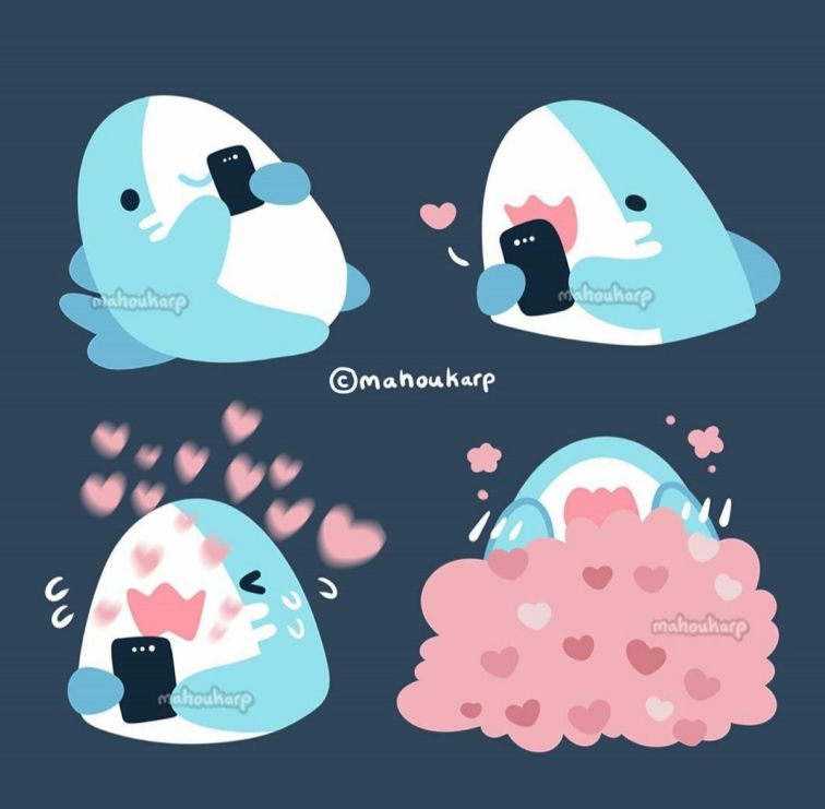 Comic of a shark looking at their phone and be bombarded with hearts/likes