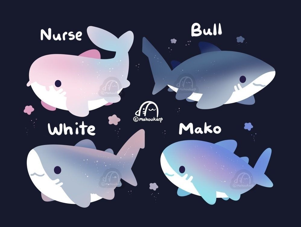 Illustration of sharks featuring 

1.) Nurse shark which are dubbed as the laziest sharks in the world, they dont really do much lol

2.) Bull shark who is very territorial and like hanging out on tropical coastlines

3.) White shark, they are built like a tank and are the largest predatory shark

4.) Mako shark the fastest shark in the world