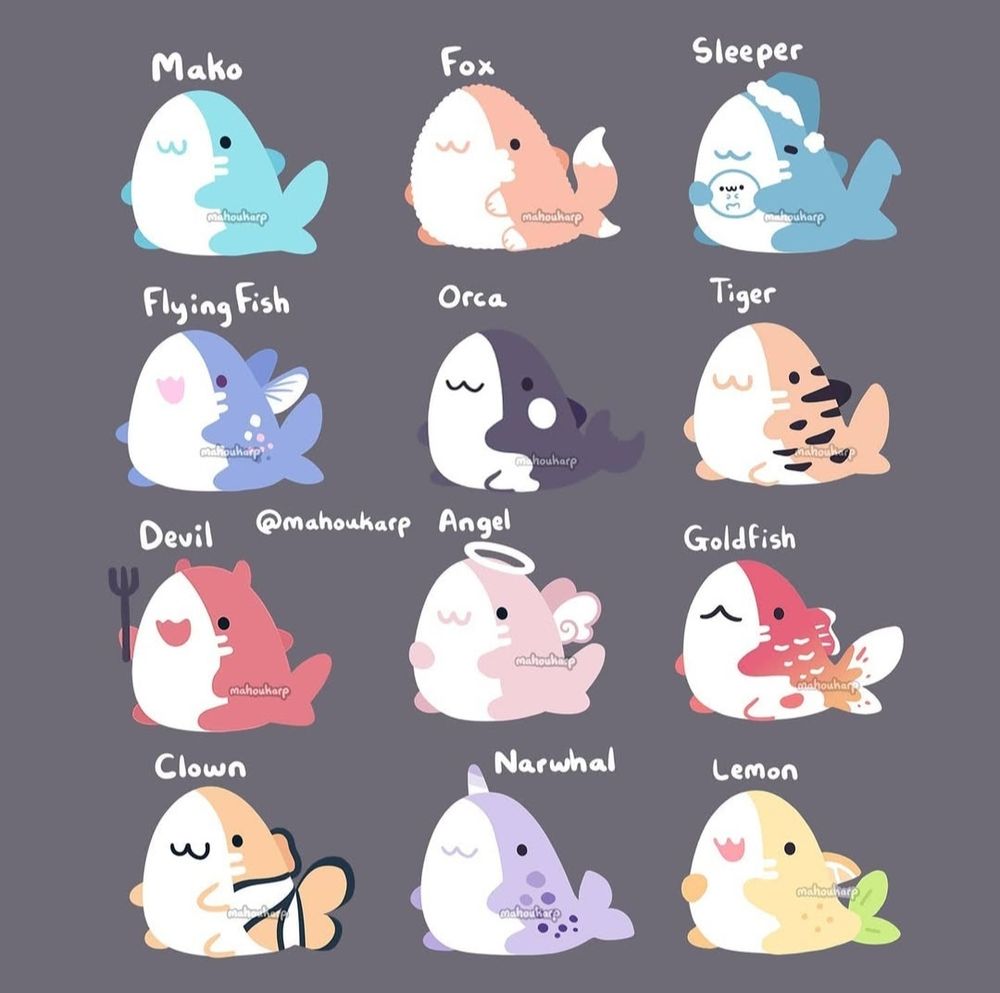 illustration of various mako sharks but painted a different theme featured are regular mako, fox, sleeper, flying fish, orca, tiger, devil, angel, goldfish, clown, narwhal, and lemon