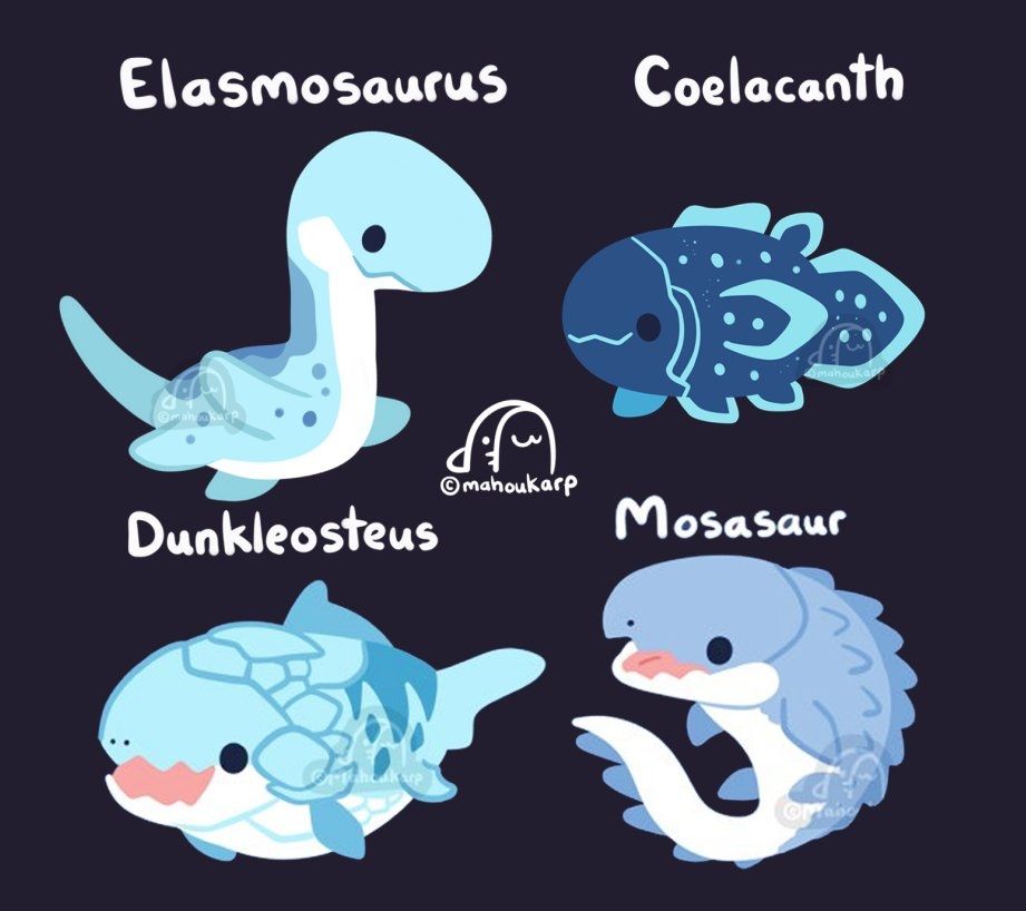 Illustration of some prehistoric sea animals 

featured are elasmosaurus, coleacanth, dunkleosteus, and mosasaur 