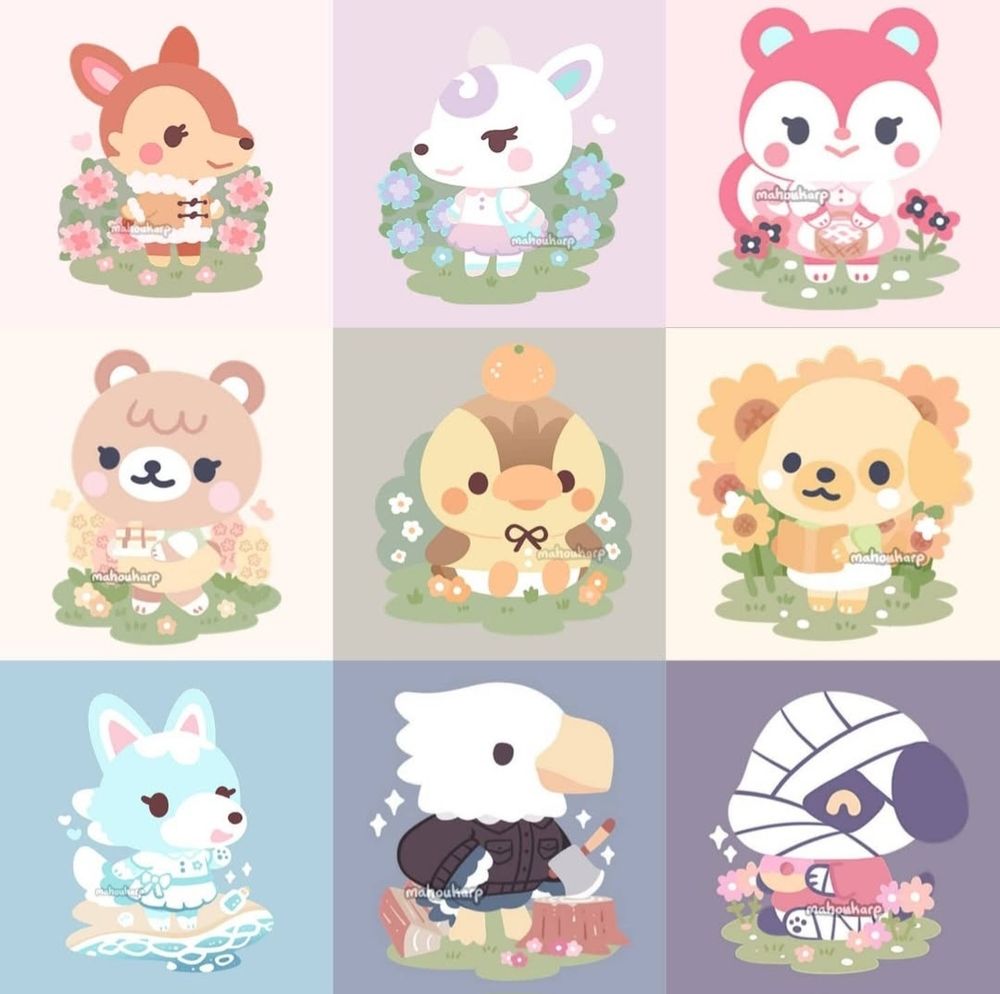 Illustrations of Fauna, Diana, Poppy, Maple, Goldie, Sky, Apollo, and Lucky from animal crossing