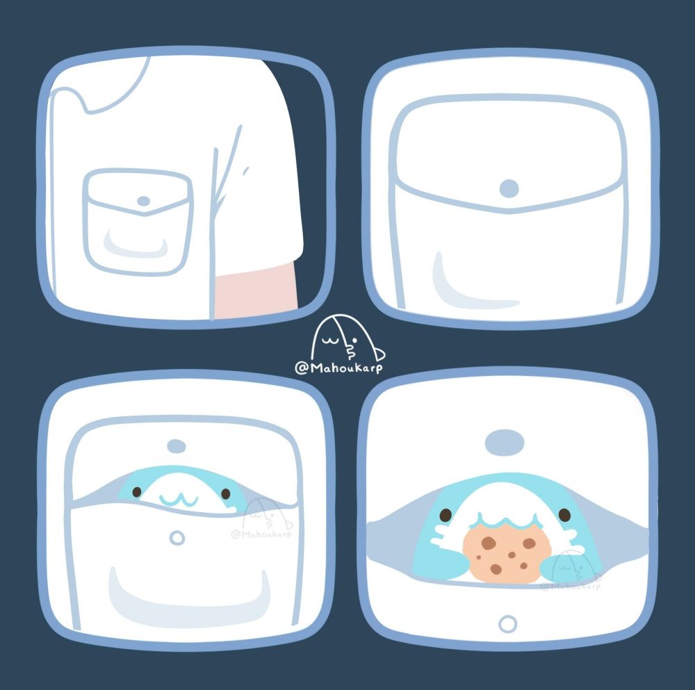 Illustration of a shark living inside a shirt pocket. Have you ever wondered why sometimes you would find crumbs, sand, maybe even pebbles in your pocket? The answer is sharks 