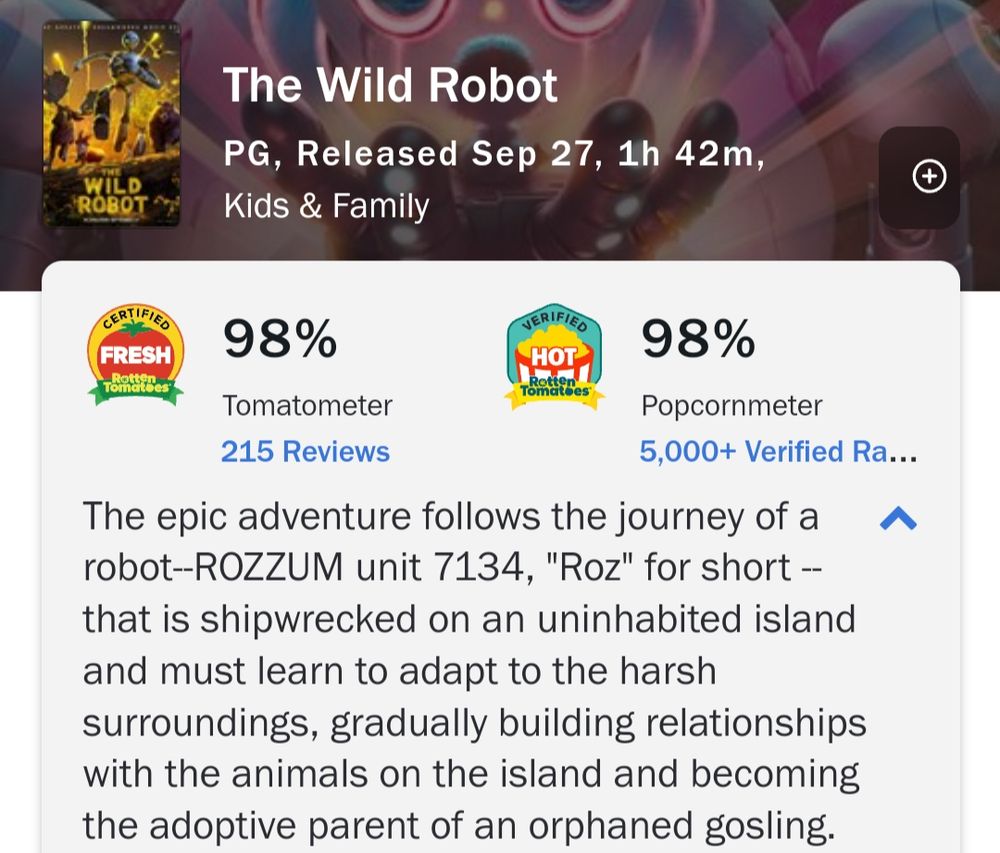 Sinopse e ótima avaliação do site agregador de notas "RottenTomato" do filme Robo Selvagem.