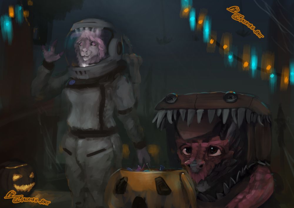 digital illustration of an anthropomorphic llama/kobold going trick o treating , dressed with a spacesuit and a mimic(from dungeons and dragons) onesie, respectively 