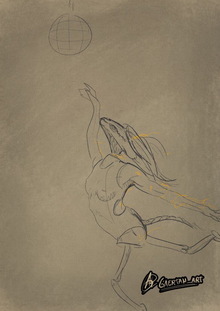 digital illustration of an anthropomorphic skeletal horse-woman dancing while flames fly backwards, a disco ball hanging over her.