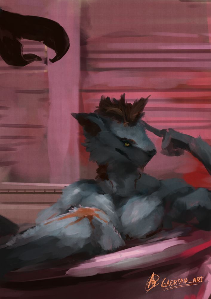 digital illustratiopn depicting a wolf-shark hybrid person, in a bathtub located in a reddish-looking bathroom, looking mischievously towards the camera while holding his head with a finger. 