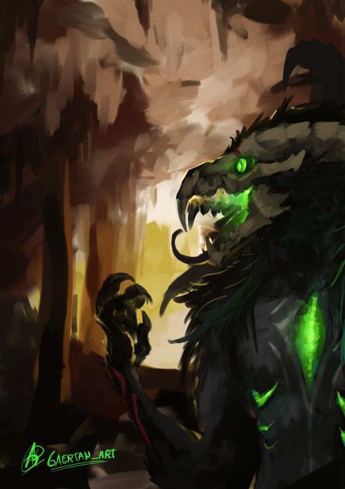 digital illustration showcasing a skull-faced creature inside a cave. He has green glowy parts  