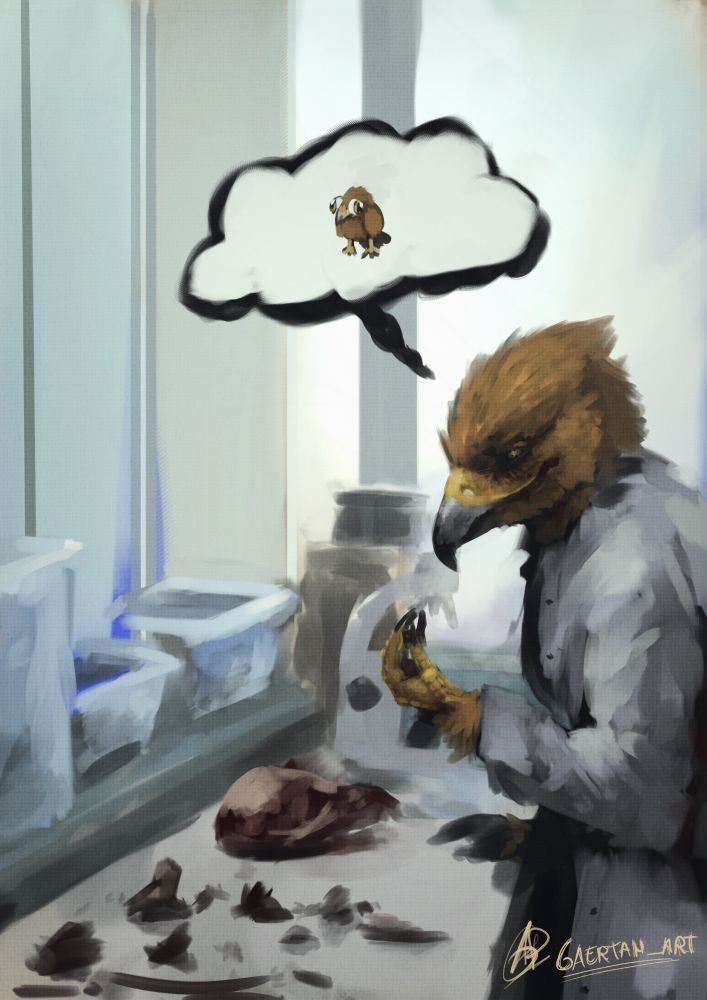digital illustration depicting an anthropomorphic orange golden eagle, in a lab wearing a lab coat, examining some bird-looking fossils.