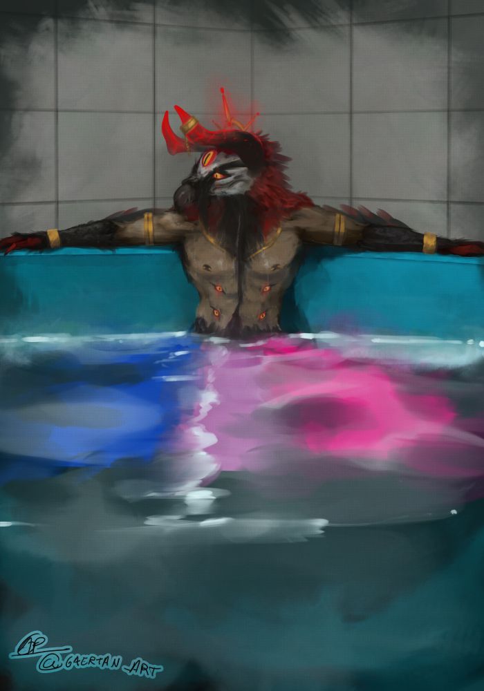 digital illustration of an anthropomorphic bird on a swimmin pool, bi flag reflecting on the surface