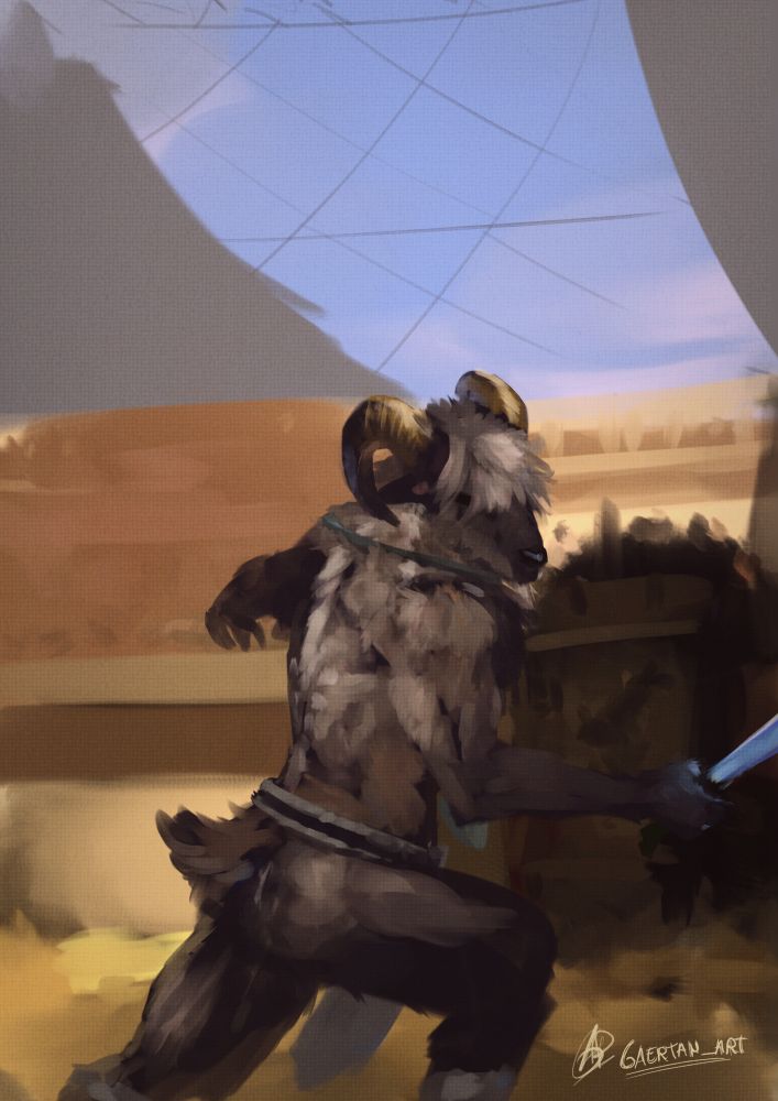 digital illustration depicting an anthropormorphic goat person in the middle of a colisseum, swinging a sword to a side, back turned towards the camera, partially covered in shadow