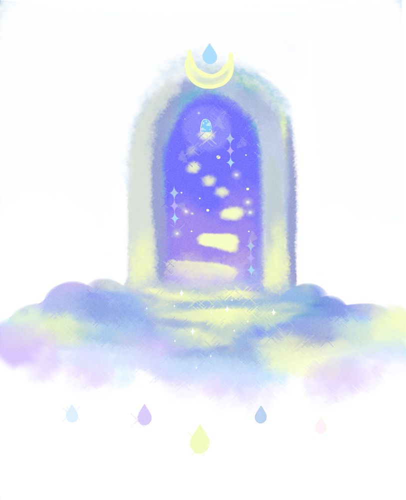 Digital art of a celestial and dreamy theme portal with an abstract magical stairway inside that leads into another world.
