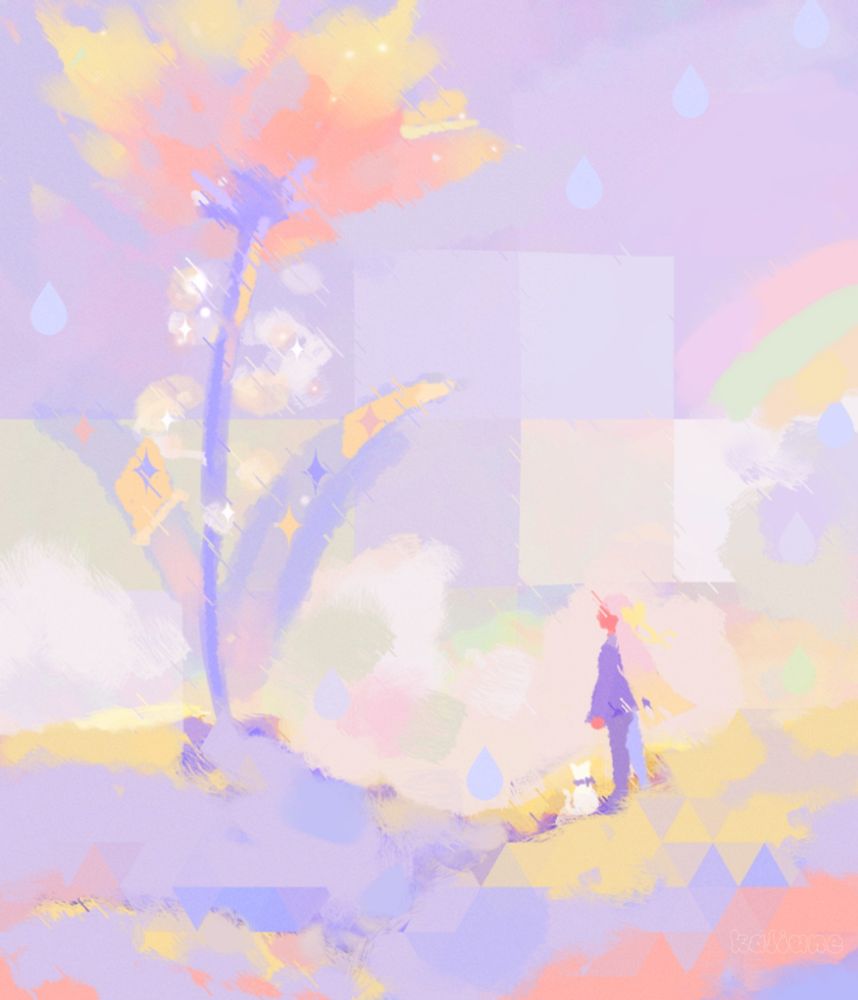 Digital art of a pink hair girl with her white cat looking at a giant flower. The scenery is dreamy with abstracts shapes and pastel colors.