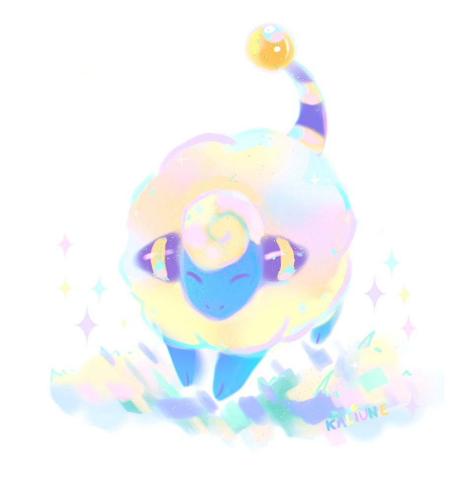 Art doodle of Mareep from pokemon. There is colorful grass and sparkles.
