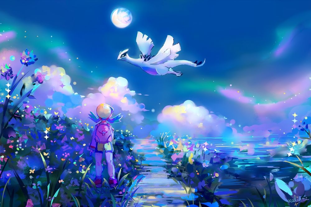 Pokemon fanart of Kris seen from behind, she's looking at Lugia flying in the sky. The background is a night scenery in nature with iridescent colors and colorful clouds. The moon is shining bright.